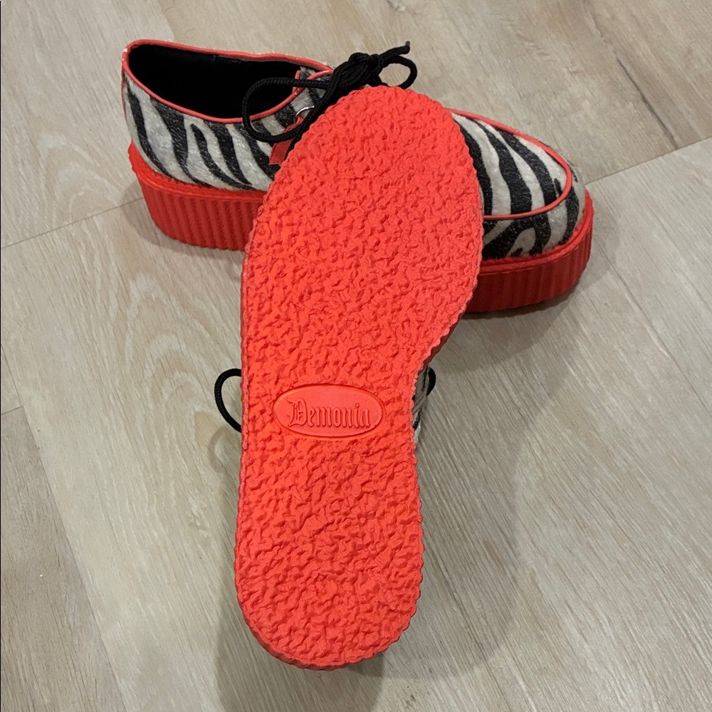 Demonia Zebra Print Creepers with Hot Pink Soles - Picture 2 of 6